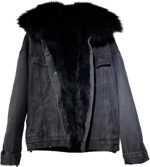 Womens Winter Thickened Jean Jackets Fur Fleece Lined Denim Jean Trucker Jacket Coat Fur Neck Outerwear Denim Jacket