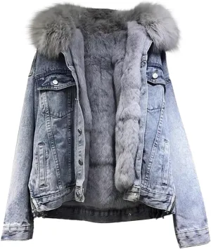 Womens Winter Thickened Jean Jackets Fur Fleece Lined Denim Jean Trucker Jacket Coat Fur Neck Outerwear Denim Jacket