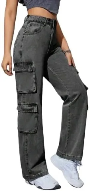 Women's Y2K High Waist Multi-Pocket Straight Leg Cargo Jeans - Casual Denim Pants