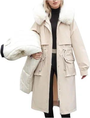 XUNRYAN Winter Jackets Women Long Parka Puffer Quilted Down Coats Hooded Faux-Fur Zip Up Anorak Outwear Outdoor Overcoat