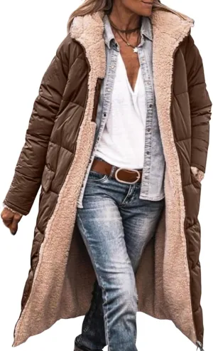 YRAETENM Womens Winter Long Coats Sherpa Fleece Lined Jackets Hooded Warm Thickened Reversible Quilted Jackets with Pockets