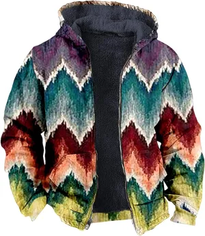 Zip Up Hoodie Men Winter Sherpa Lined Graphic Jacket Cool Thermal Graphic Coat Heavy Tie Dye Casual Weather Outwear